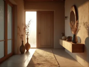 "Serene entryway with weathered oak table, ceramic vessels, oxidized copper mirror, and textured clay walls at golden hour"