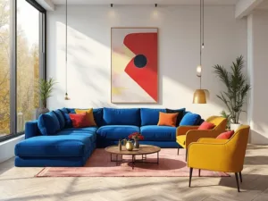 "Modern, spacious living room with triadic color scheme, including a royal blue velvet sofa, mustard yellow chairs, crimson wall art, and minimalist white walls, bathed in golden afternoon sunlight."