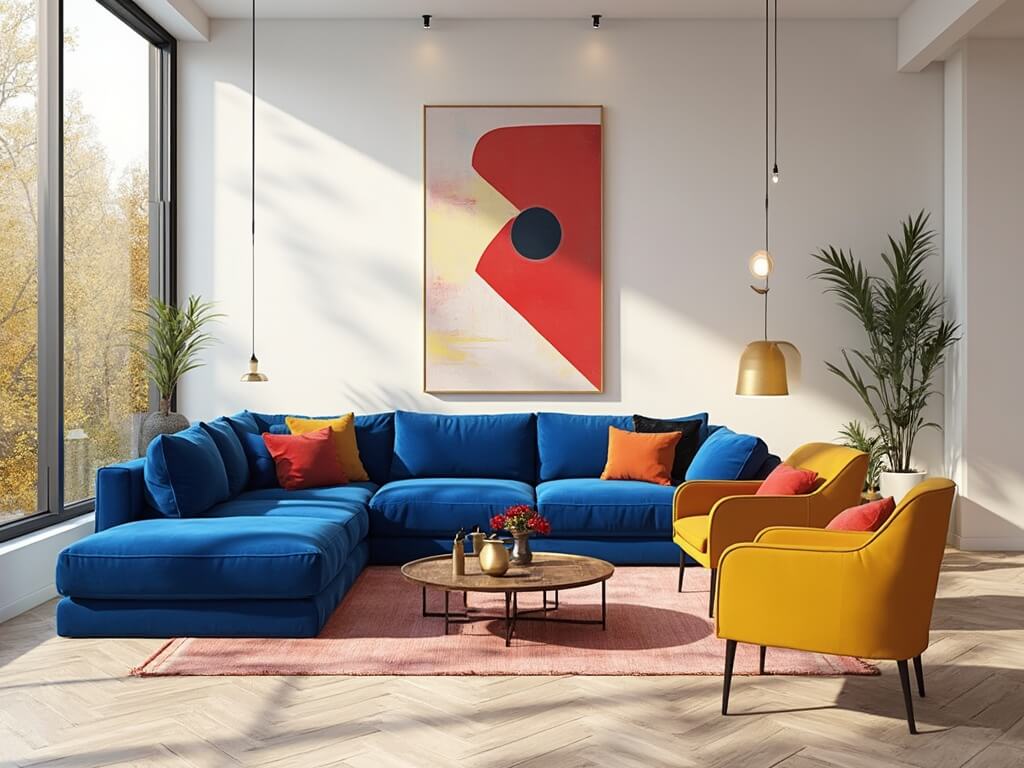 "Modern, spacious living room with triadic color scheme, including a royal blue velvet sofa, mustard yellow chairs, crimson wall art, and minimalist white walls, bathed in golden afternoon sunlight."