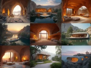 "Collection of unique homes showcasing architectural diversity, featuring a Turkish cave dwelling, a floating cabin, a gothic church conversion, a desert eco-fortress, a loft in industrial conversion, a treehouse pod, an earth-sheltered home, and a modern beach house."
