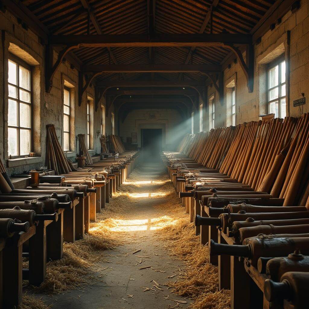 Historic bat-making workshop with vintage wooden lathes, wood shavings, and unfinished baseball bats under warm light streaming through dusty windows