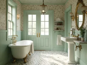"Vintage bathroom interior with a white clawfoot tub, sage green beadboard walls, brass hardware, and Victorian decor in soft morning light."