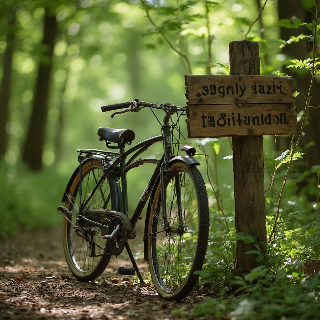Vintage bicycle leaning against rustic wooden trailhead sign in green, sunlit woodland
