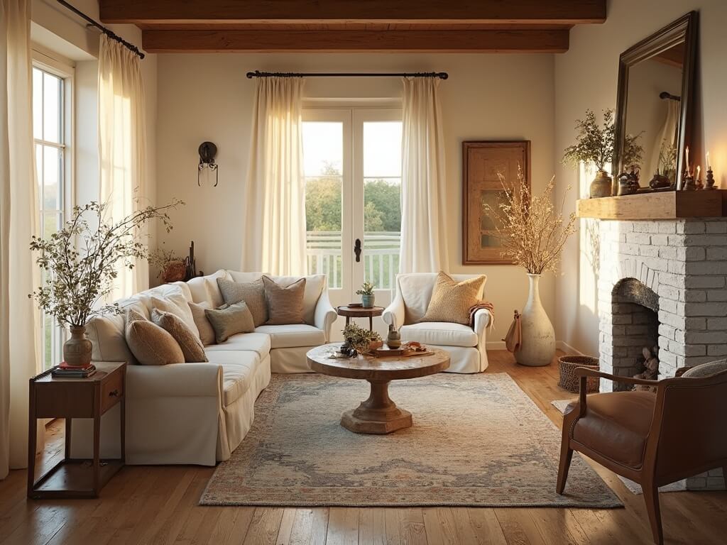"Sunlit modern farmhouse living room with cream sofa, distressed leather armchair, vintage decor, and whitewashed brick fireplace during golden hour"