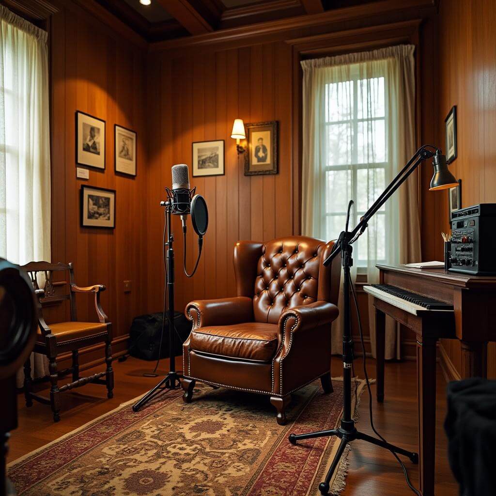 1940s-style recording studio in museum with vintage furniture, leather armchair, microphone, and recording equipment under soft lighting