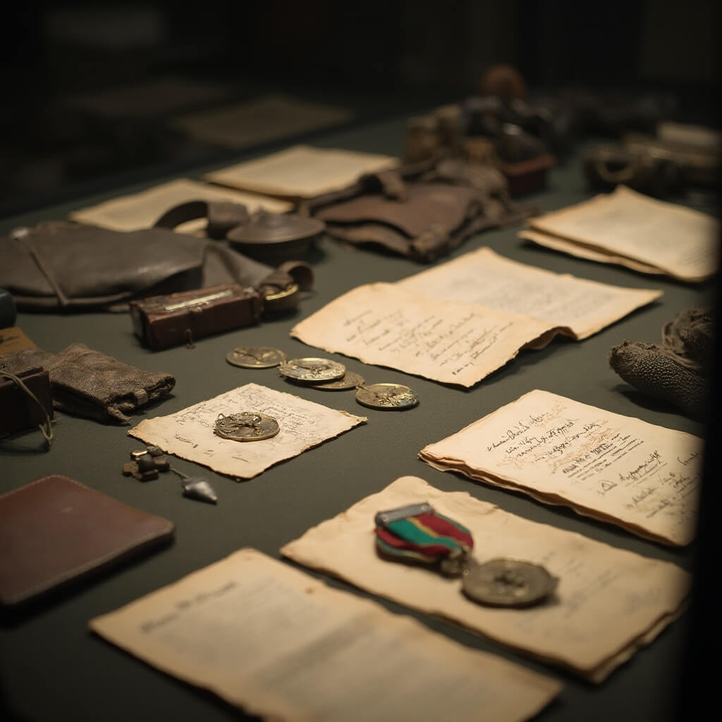 Close-up view of WWII personal artifacts, including letters and medals, displayed in museum lighting