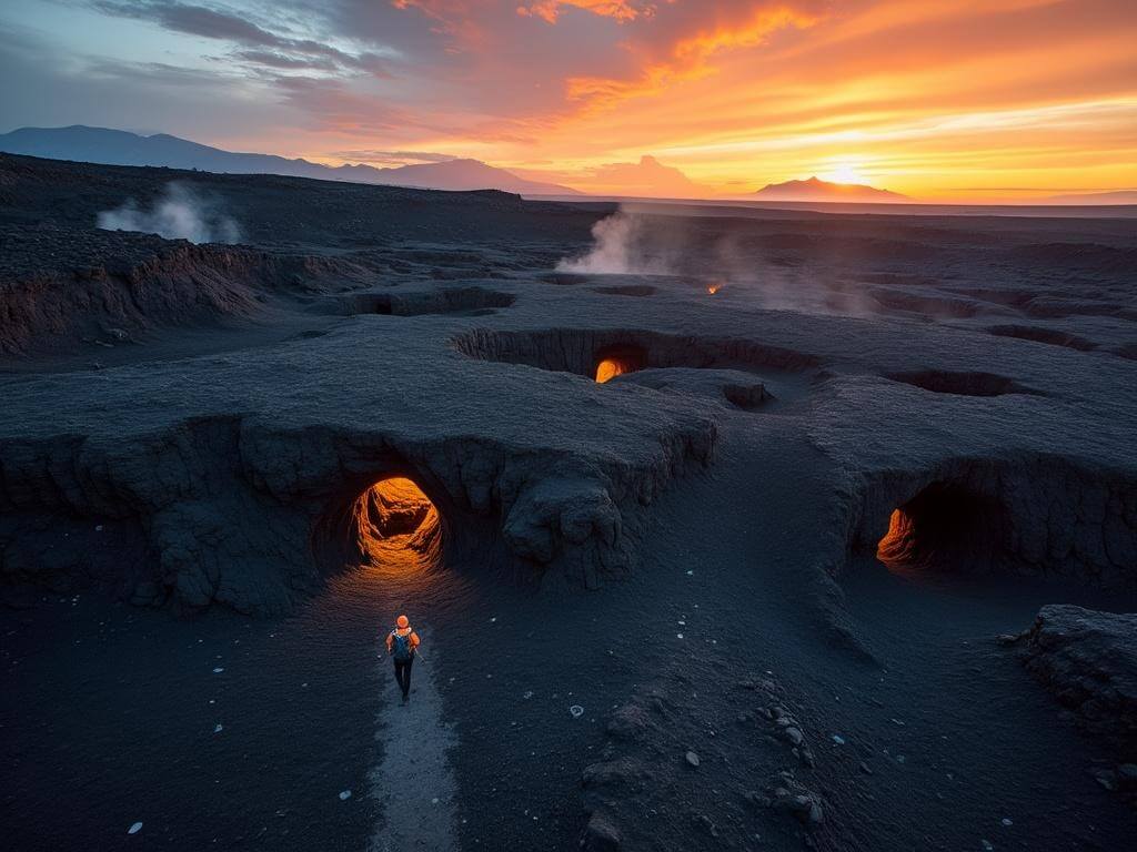"Aerial sunset view of a rugged volcanic landscape with multiple lava tube caves, a lone hiker heading towards an illuminated cave entrance, and sparse desert vegetation on black basalt terrain."