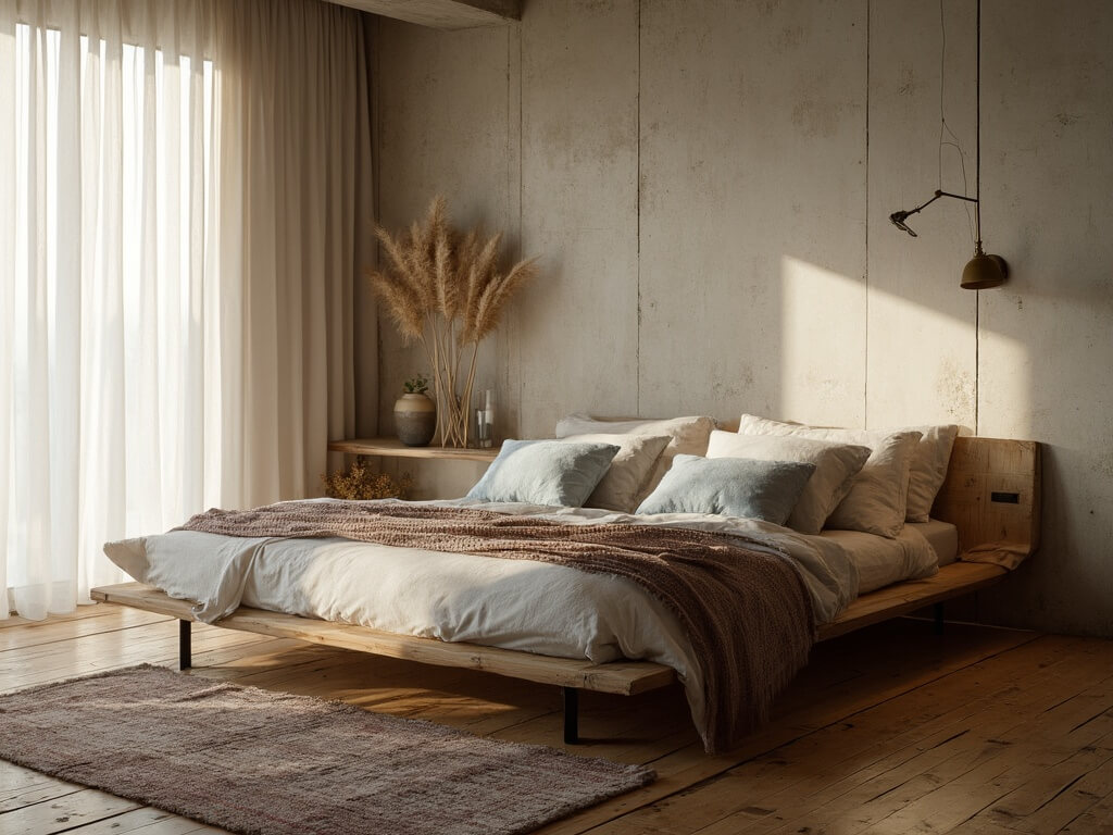 "Wabi-sabi style bedroom with unmade linen bedding, wooden floor, concrete wall, and minimalist decor during golden hour"
