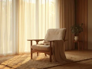 "Wabi sabi walnut chair in minimalist Japanese-style living room with golden hour lighting"