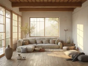 "Japanese-inspired living room with weathered oak flooring, natural linen sofa, and ceramic vessels in morning light, emphasizing wabi-sabi aesthetic."