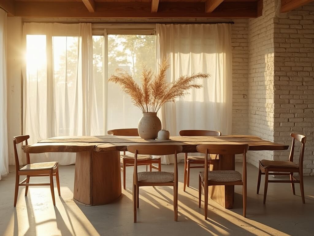 "Serene dining room with rustic features, live-edge walnut table, mismatched wooden chairs, white-washed brick walls, wooden ceiling beams, and concrete floors in warm earth tones, styled minimally with handmade pottery under soft sunlight."
