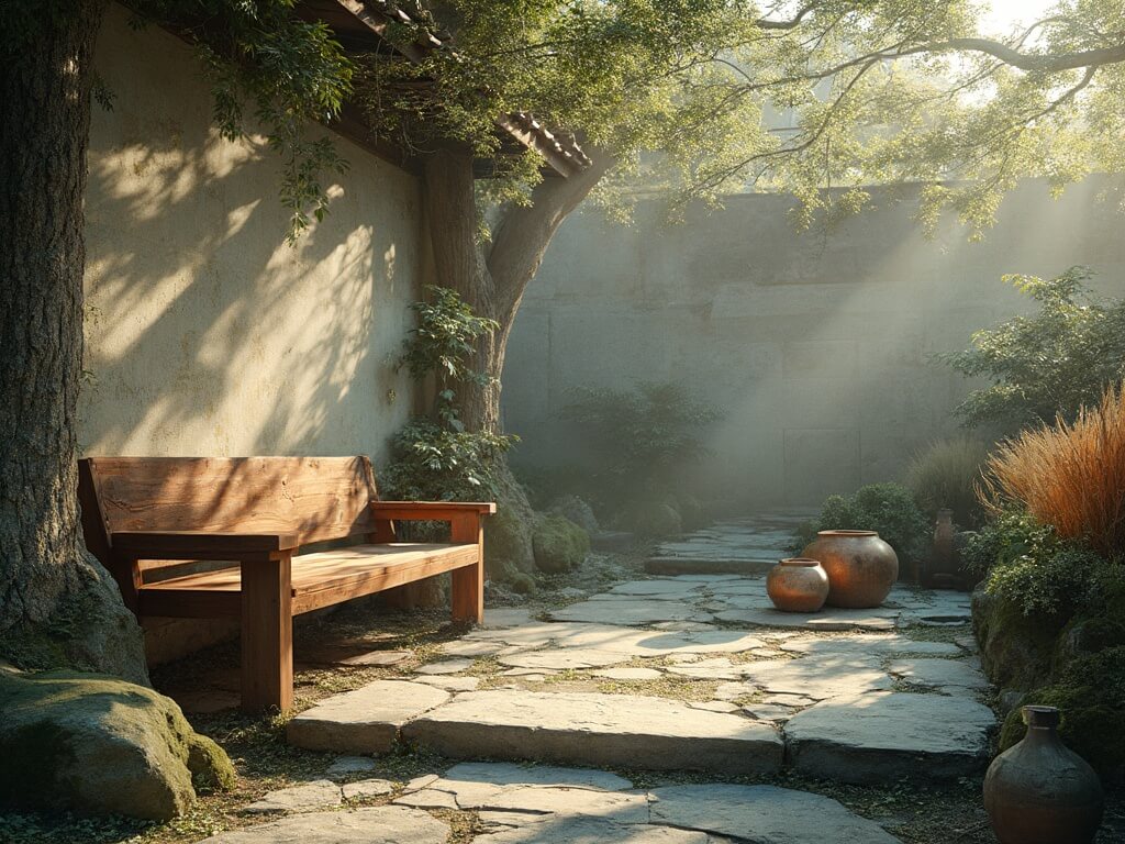 "Misty dawn in a serene Japanese-inspired garden with weathered teak bench, aged limestone wall, ancient maple trees, ceramic vessels and stone pathways"