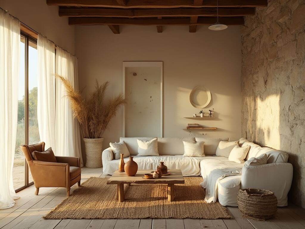 "Wabi-sabi styled living room featuring weathered oak flooring, cream linen sofa, vintage leather armchair near raw stone wall, handcrafted furniture, hand-thrown ceramic vessels on timber coffee table, under golden hour sunlight."