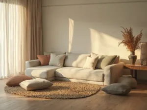 "Minimalist living room bathed in golden hour sunlight, featuring a low-profile sofa, reclaimed oak flooring, ceramic vessels and dried pampas grass in a copper vase."