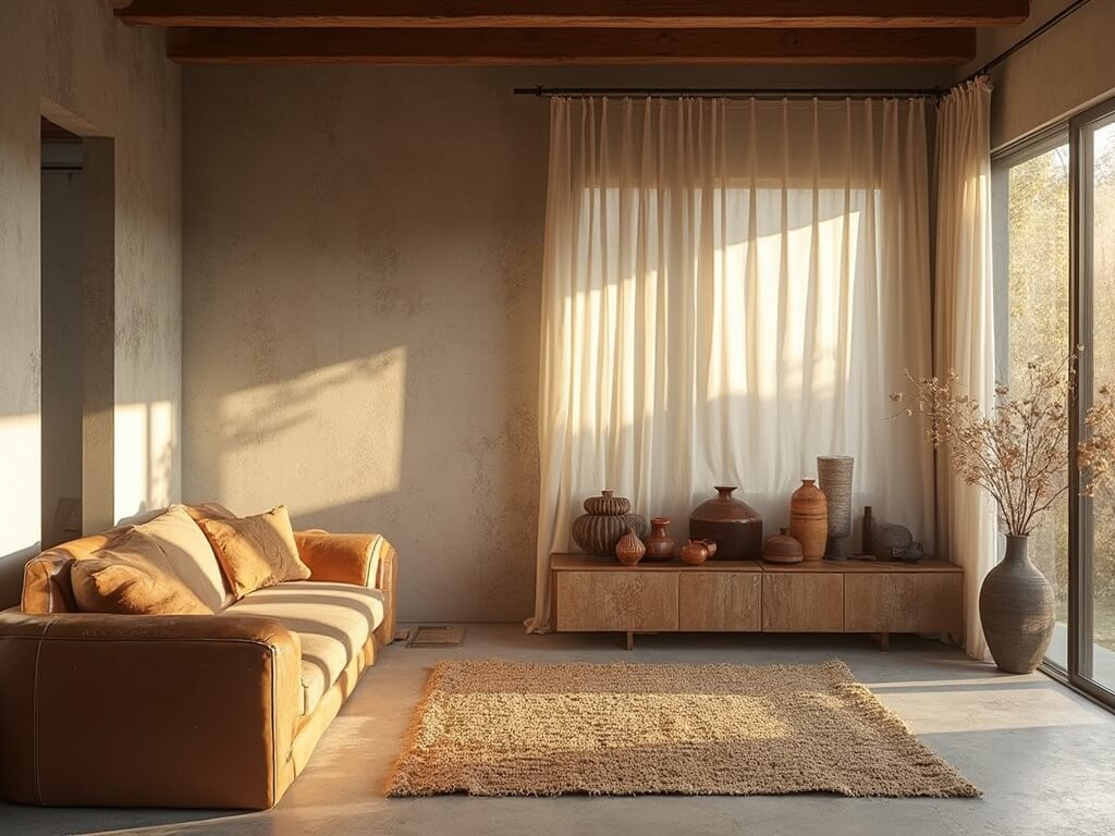 "Sun-drenched living room with weathered leather sofa, raw concrete walls, and handcrafted ceramics on distressed walnut console in warm, natural lighting"