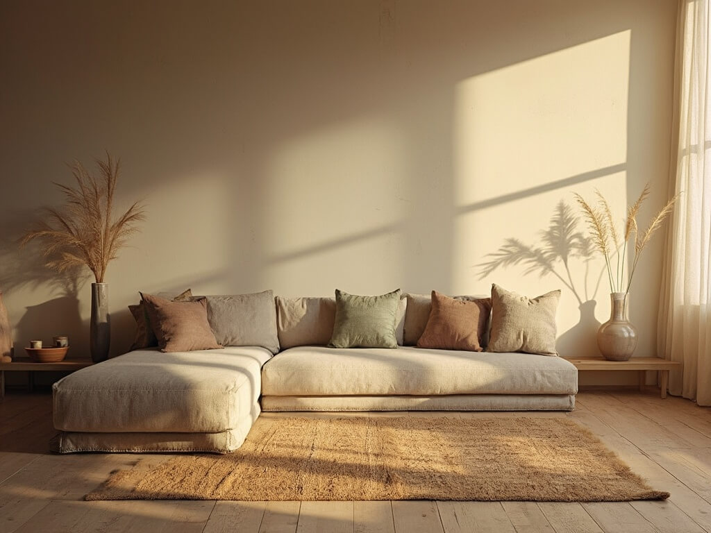 "Spacious living room bathed in golden hour light featuring raw oak beams, textured clay walls, a low profile grey sofa, reclaimed wood coffee table with ceramic bowl, and pampas grass in an earthenware vase, shot in 8K resolution"