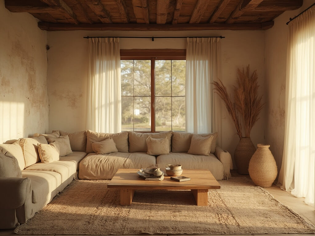 "Wabi-Sabi inspired living room with warm sunlight casting shadows through steel-framed windows, highlighting a well-worn linen sofa, ancient wooden beams overhead, and a vintage oak coffee table. Decorative elements include handcrafted ceramics, dried pampas grass, and a single piece of driftwood."