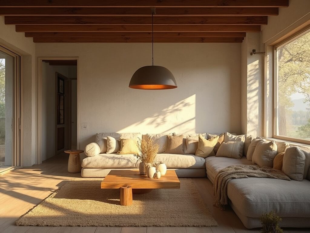 "A serene wabi-sabi themed living room during golden hour with natural materials, textures and earth tones, featuring aged wooden beams, linen sofa, walnut coffee table, wool throws, ceramic vessels and a view of a mature maple tree."