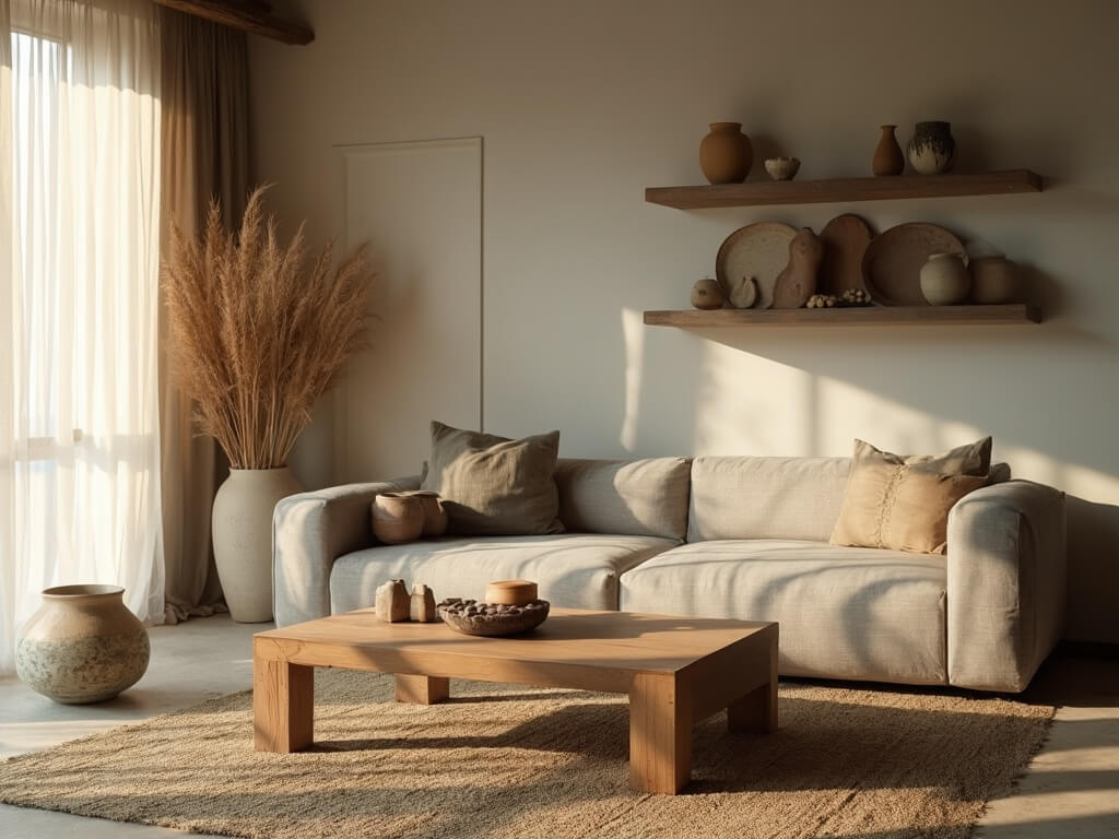 "Serene living room with natural materials bathed in golden sunlight, featuring a worn grey sofa, weathered oak coffee table, handmade earth-toned ceramics, vintage pottery on wooden shelves, a natural jute rug, and raw concrete floors."