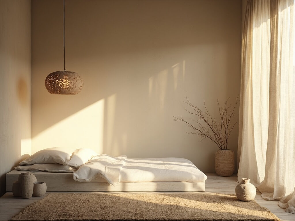 "Meditation corner with wabi sabi pendant light, linen-dressed low platform bed, and organic ceramics in a setting of natural materials and golden hour sunlight."