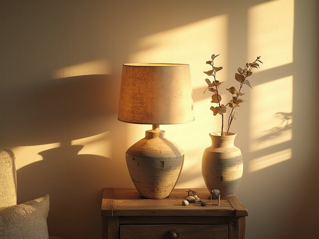 "Ceramic lamp in golden hour sunlight in a serene meditation corner with weathered oak table, linen cushion, and dried eucalyptus in pottery vase"