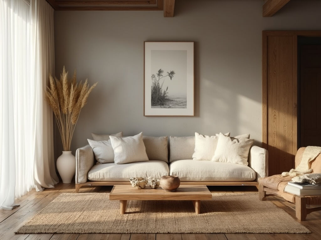 "Serene wabi-sabi styled living room with natural textures and morning light shining through linen curtains, featuring a wooden sofa, weathered oak coffee table, vintage leather armchair and a jute rug."