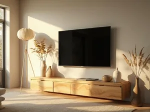 "Sunlit minimalist living room with handcrafted oak TV unit, ceramic vessels, textile runner, dried pampas grass, and paper lantern in a wabi-sabi aesthetic"