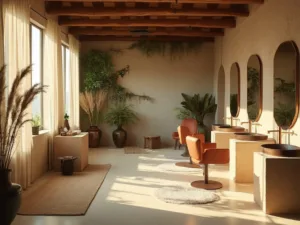 "Minimalist salon interior with warm lighting, exposed wooden beams, textured clay walls, reclaimed wood styling stations, and zen-inspired consultation nook featuring a living wall with ferns and air plants"