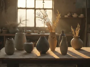 "Sunlit artist's studio with artisan Wabi Sabi vase collection on a wooden bench, accompanied by pampas grass and eucalyptus accents and potter's hands in the background"
