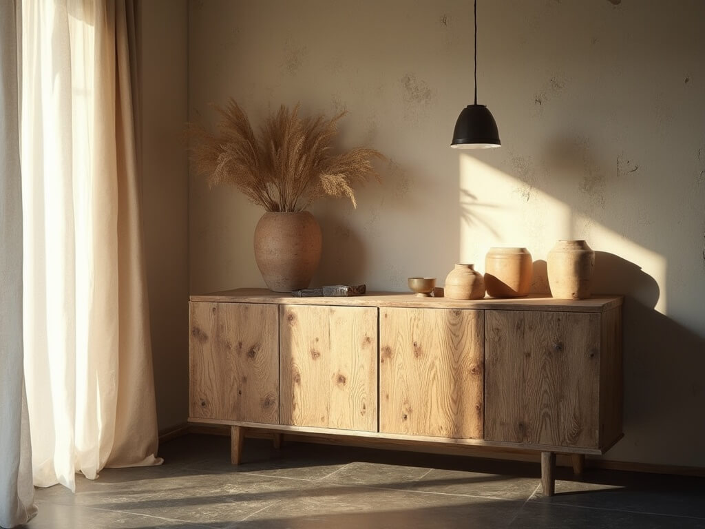"Wabi-sabi oak cabinet in sunlit entryway with earth-toned decor, black pendant light and limestone flooring"