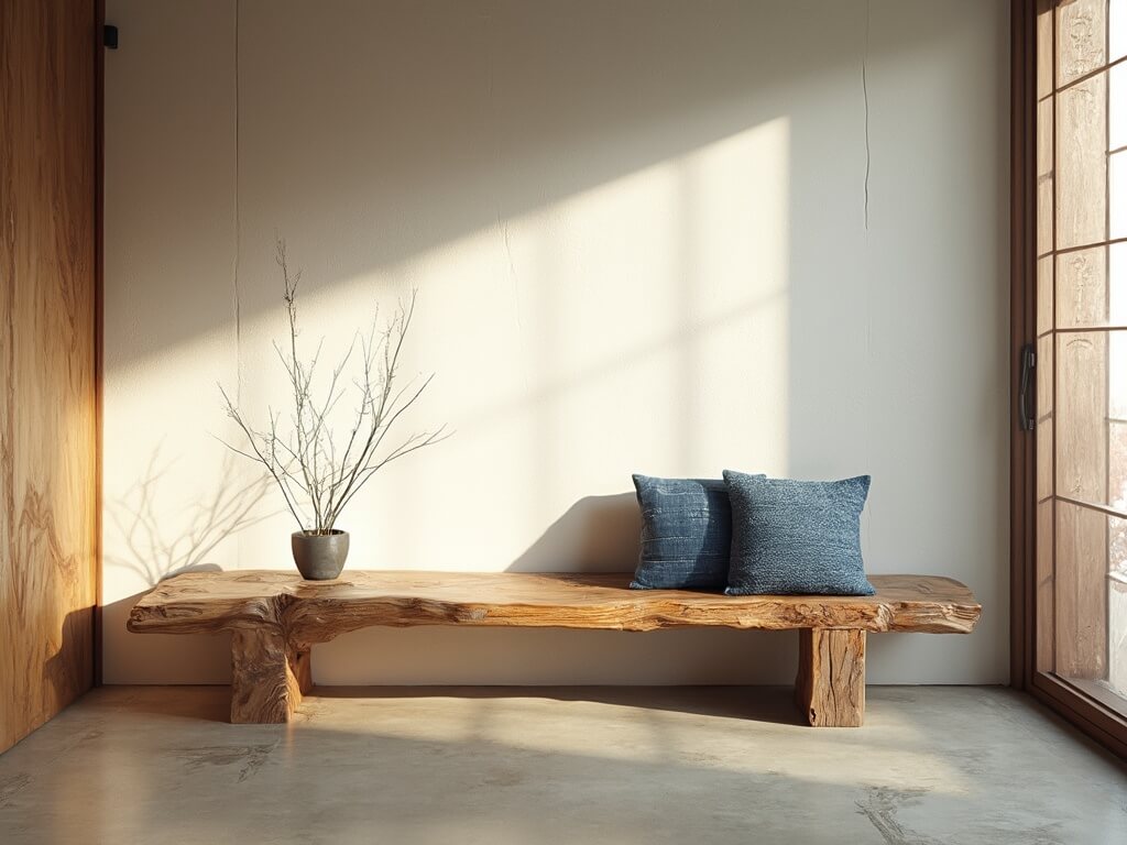 "Wabi Sabi teak bench in Japanese-inspired interior with ikebana arrangement, indigo cushions and golden hour lighting"
