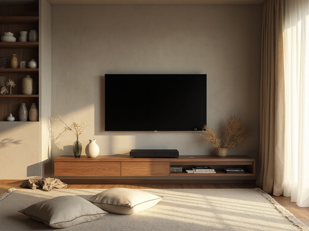 "Cinematic interior of a serene living room with textured walls, black TV mounted on wall, oak shelving with ceramic vessels, raw silk floor cushions, and vintage wool rug, shot in golden hour light."