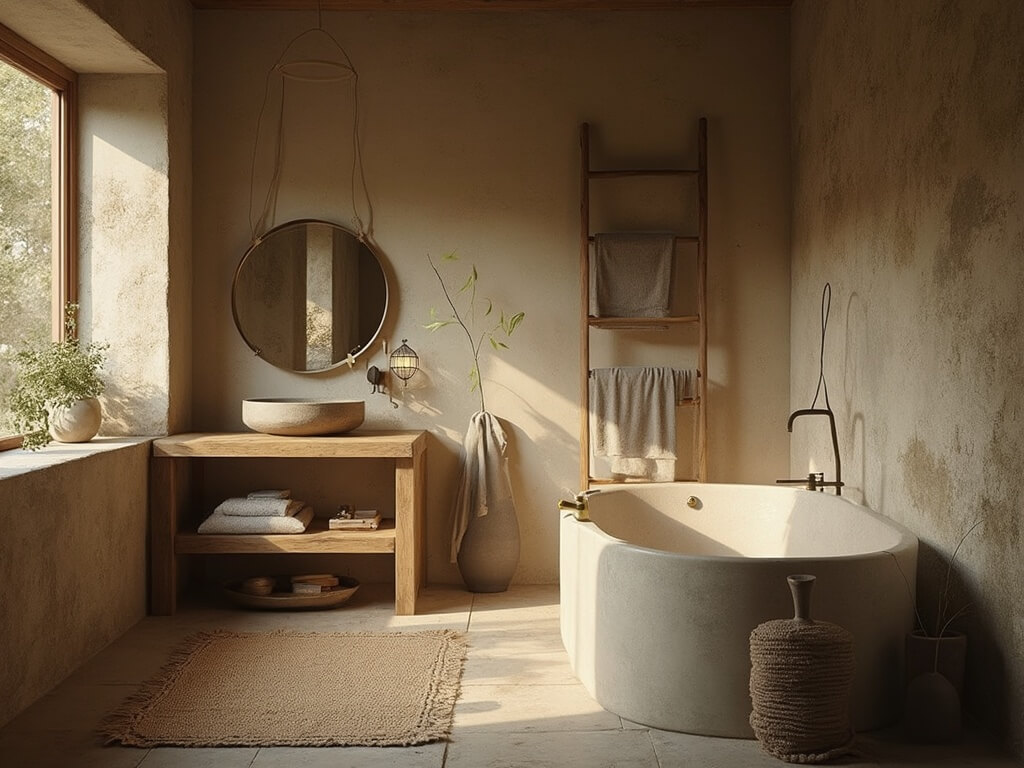 "Wabi-sabi bathroom with stone tub, ceramic sink and oak vanity in golden hour sunlight"