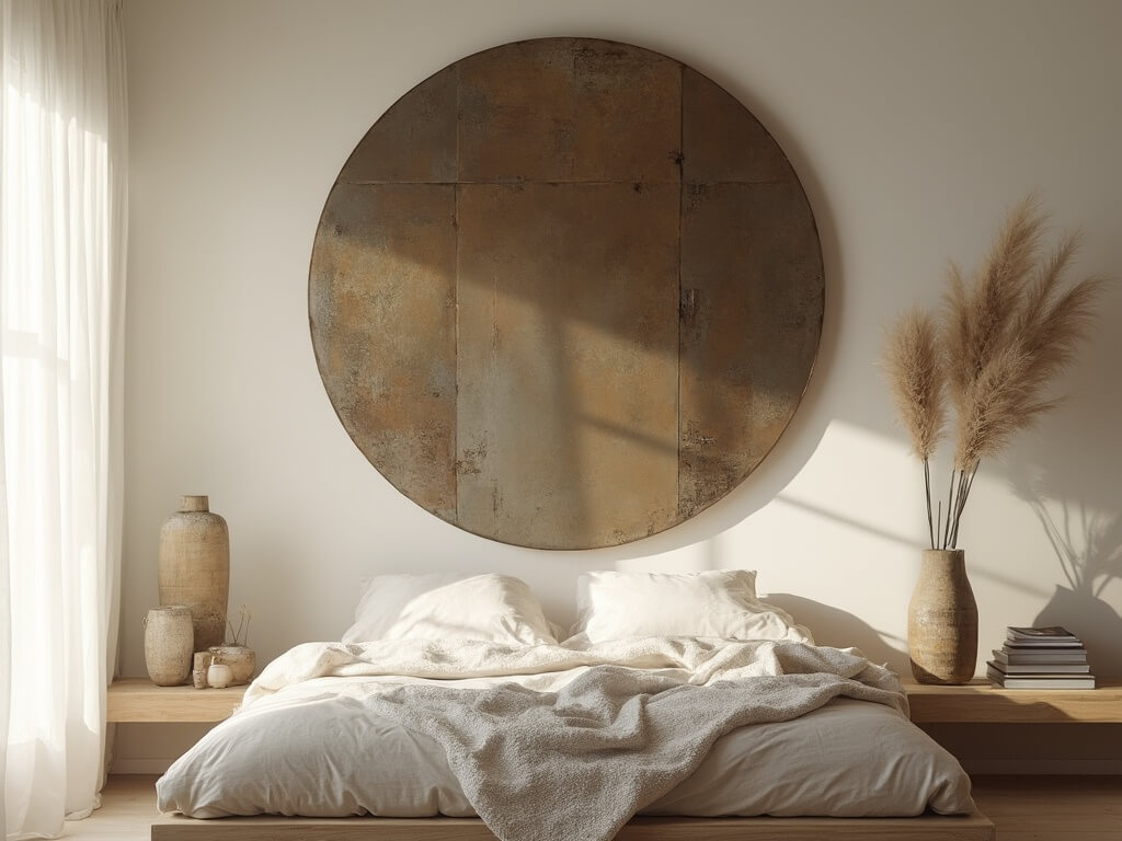 "Minimalist bedroom in soft morning light featuring large wabi sabi mirror and natural elements"