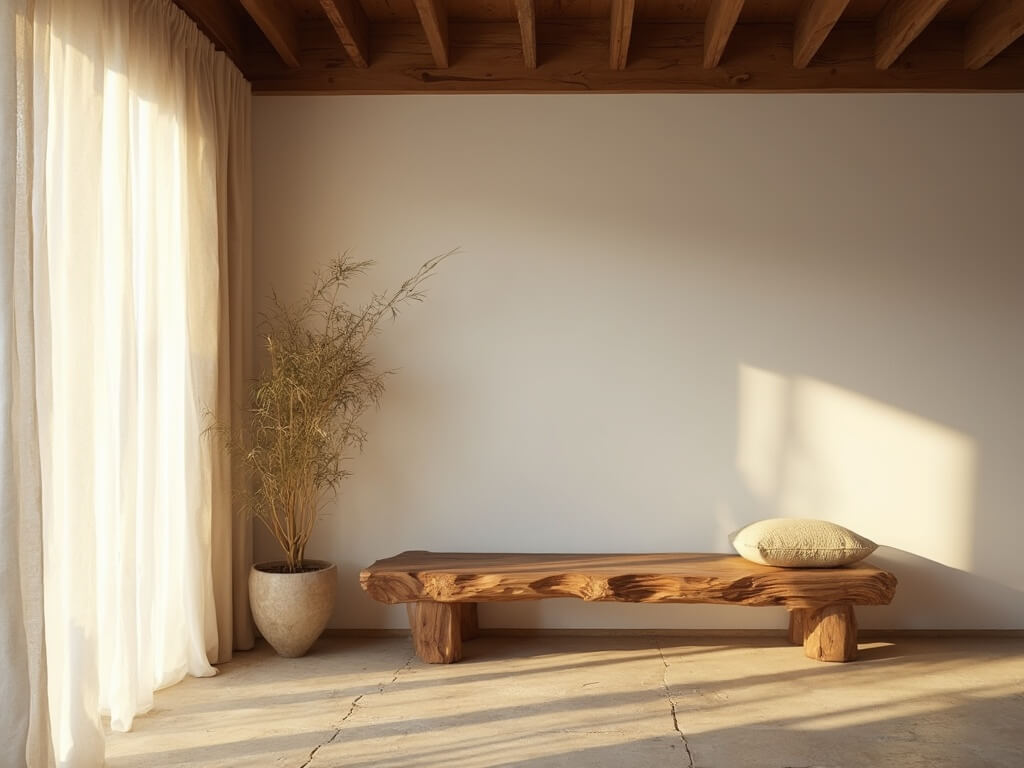 "Meditation corner with walnut bench, bamboo plant, and creamy curtains filtering golden morning light in 8K resolution"