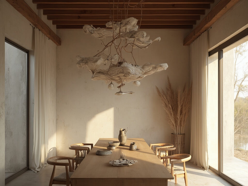 "Serenely lit dining room featuring wabi sabi chandelier, rustic oak table, vintage ceramic vessels, and ikebana arrangement in a calming palette of white, oxidized copper, sand beige, and gray"