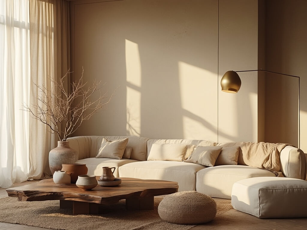 "Wabi-sabi styled living room with natural light, featuring a live-edge coffee table, low-profile linen sofa, ceramic vessels on wooden console, and an ikebana arrangement on a jute rug."