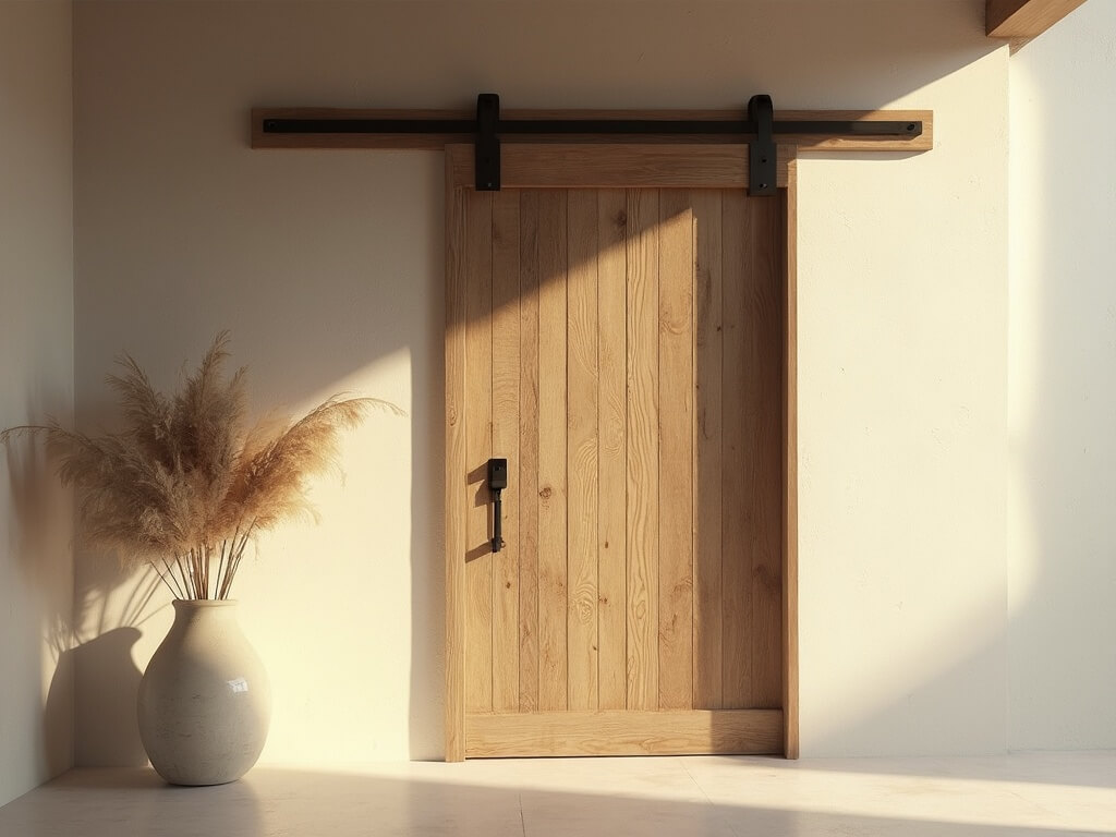 "Sunlit minimalist entryway with 7-foot weathered oak barn door, ivory plaster walls, and ceramic vase with dried pampas grass in 8k resolution"