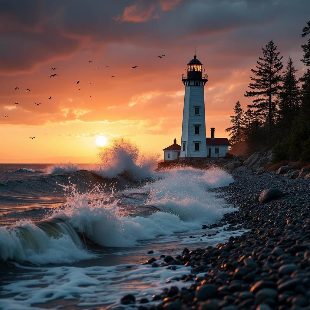 Whitefish Point Lighthouse at sunset with stormy Lake Superior waves and soaring seabirds