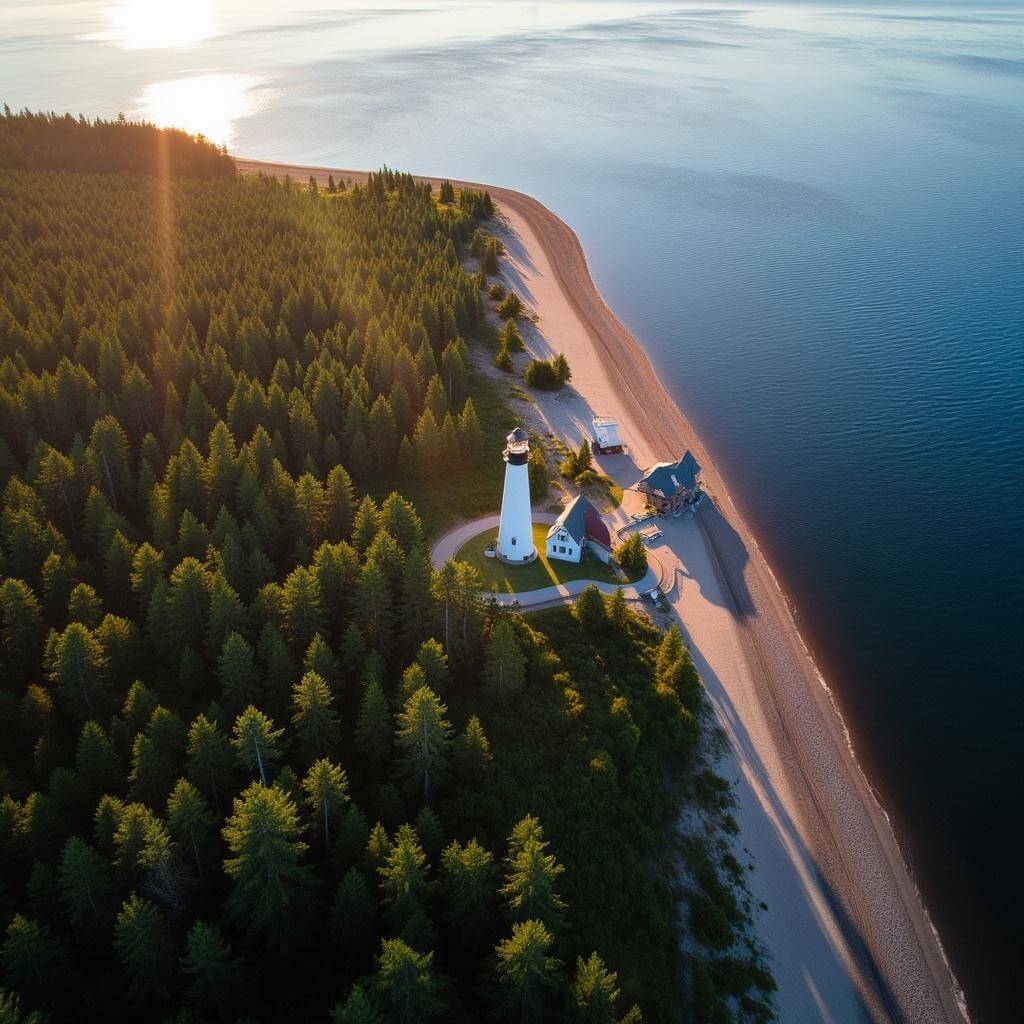 Aerial view of Whitefish Point with dense forest, sandy beach, lighthouse complex, and museum buildings beside Lake Superior during golden hour