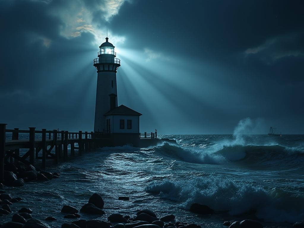 "Whitefish Point Lighthouse shining against a stormy Lake Superior night sky, ghostly shipwrecks beneath the waves, and the bell of the Edmund Fitzgerald in the foreground with a gothic maritime aesthetic"