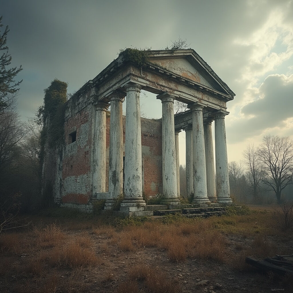 Windsor Ruins with weathered white columns of abandoned antebellum mansion against a dramatic sky, surrounded by overgrown vegetation