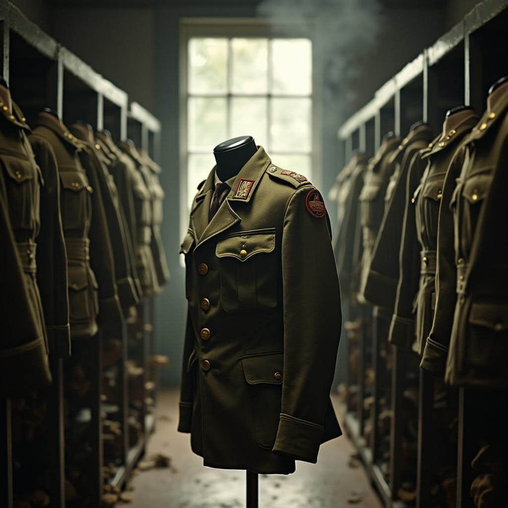 World War II military uniforms displayed in a dim archival room, with focus on a worn olive-green jacket with brass buttons and unit patches, lit by sunlight filtering through a high window