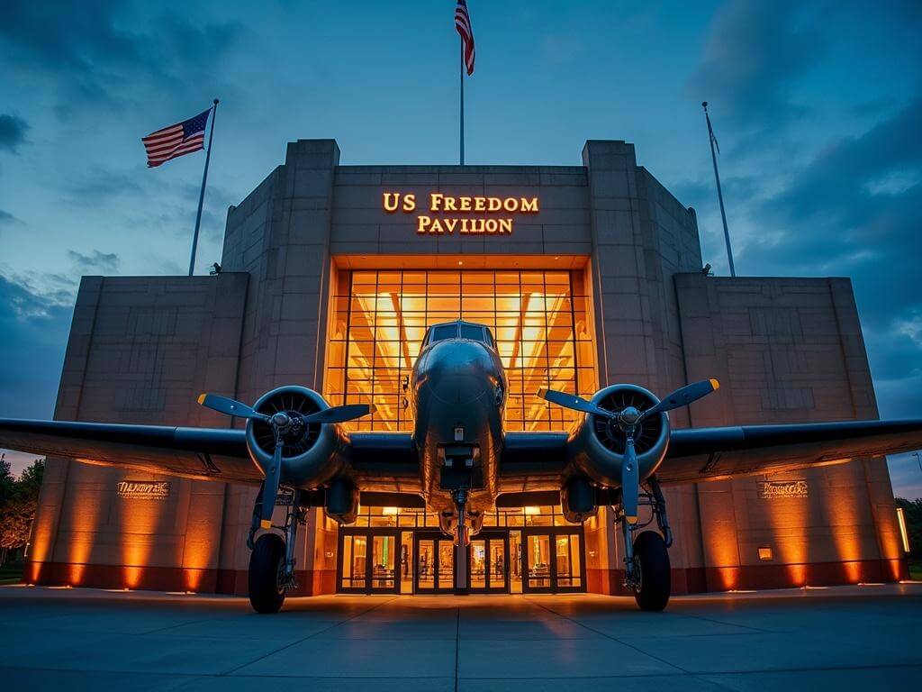 "Dusk view of the National WWII Museum's Art Deco facade with a vintage Boeing B-17 suspended in the foreground atrium, 'US Freedom Pavilion' sign glowing, and American flags at half-staff."