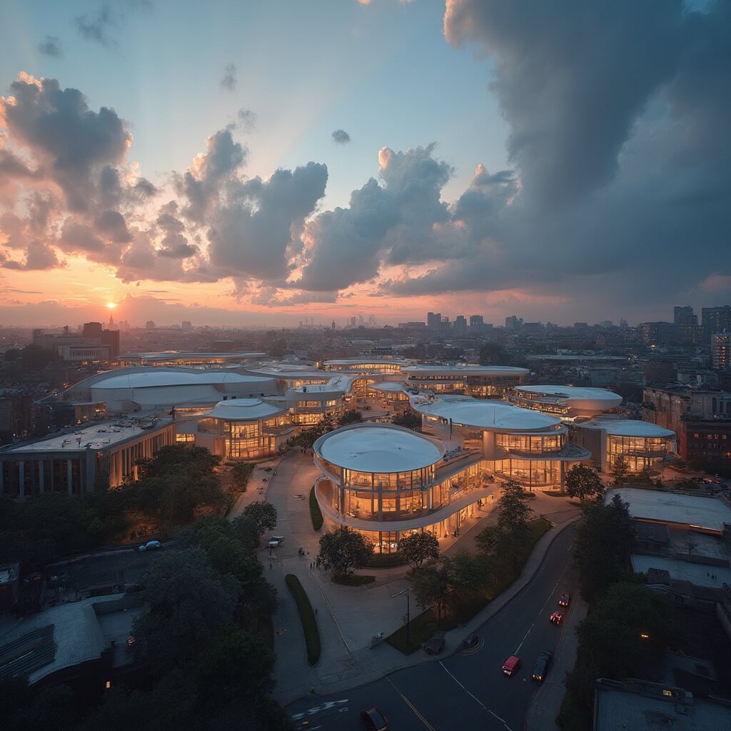 Golden hour view of the expansive National WWII Museum in New Orleans, highlighting its modern architecture and dramatic lighting