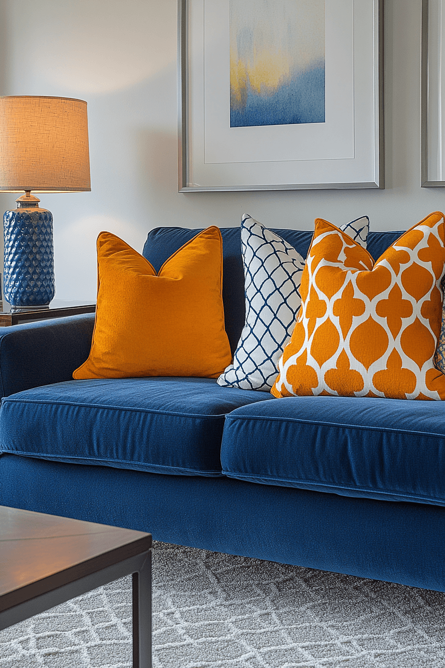 14 yellow accents with blue sofa