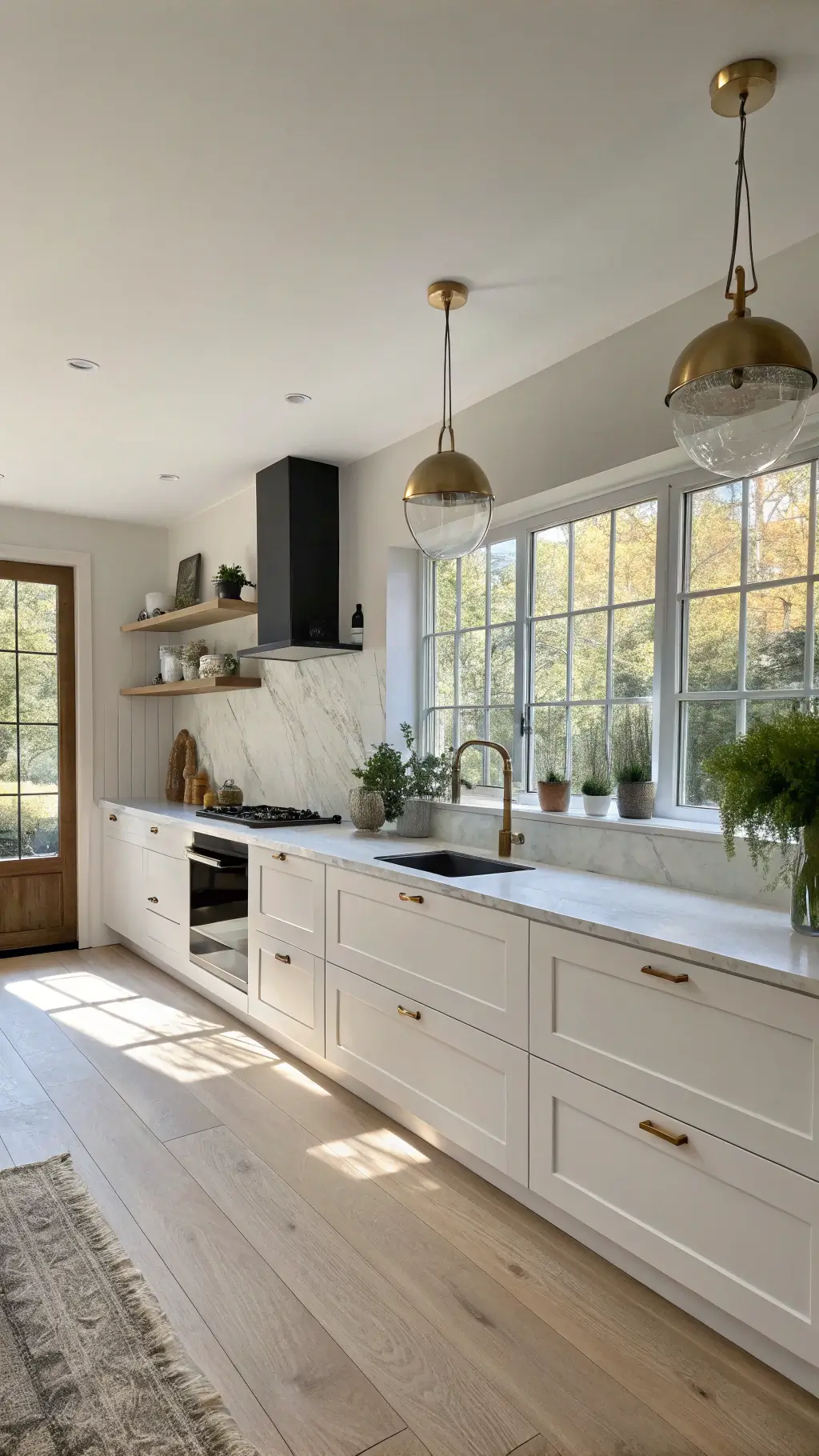 Sunny Nordic kitchen with white cabinets, oak flooring, marble-topped island, brass pendant lights, bone white and sage green ceramics on open shelves, natural light from floor-to-ceiling windows, and matte black hardware