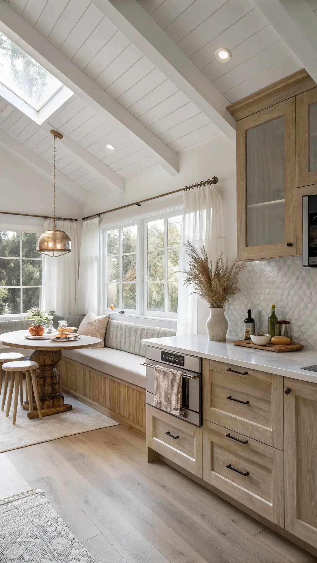 Corner view of a Nordic kitchen with vaulted ceilings, light ash wood cabinets, white quartz countertops, integrated appliances, and copper accents. Morning light filters through linen curtains onto a breakfast nook with built-in banquette. Featured are a vintage wooden cutting board and a ceramic vase with dried pampas grass.