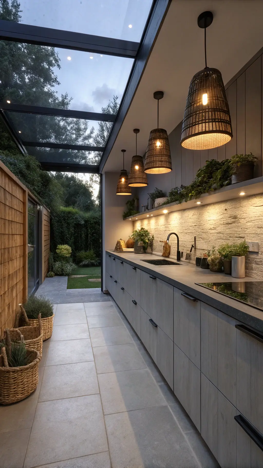 Galley-style Nordic kitchen with matte grey cabinets, birch open shelves, concrete countertops, and textural elements at dusk, lit by pendant lights and cool evening light.