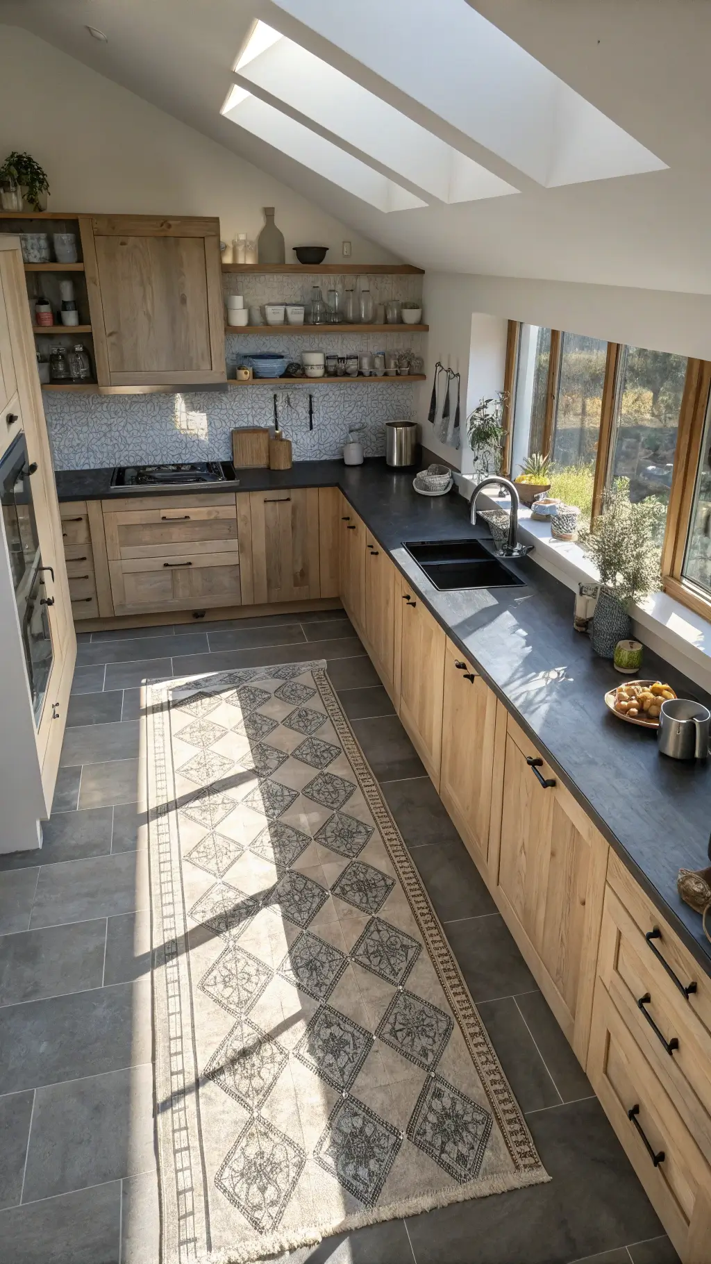 Aerial view of a 16x18ft L-shaped Nordic kitchen with bleached oak cabinets, dark soapstone countertops, open shelving with white and grey ceramics, brushed steel appliances, and a vintage Scandinavian rug, bathed in the warm mid-morning sunlight streaming in through steel-framed windows.